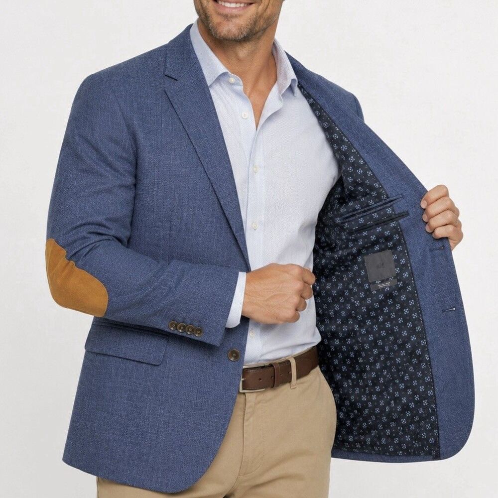 H&M Wool Blend Blazer Mens 48R Blue Elbow Patch Sport Coat Slim Fit 48 Regular